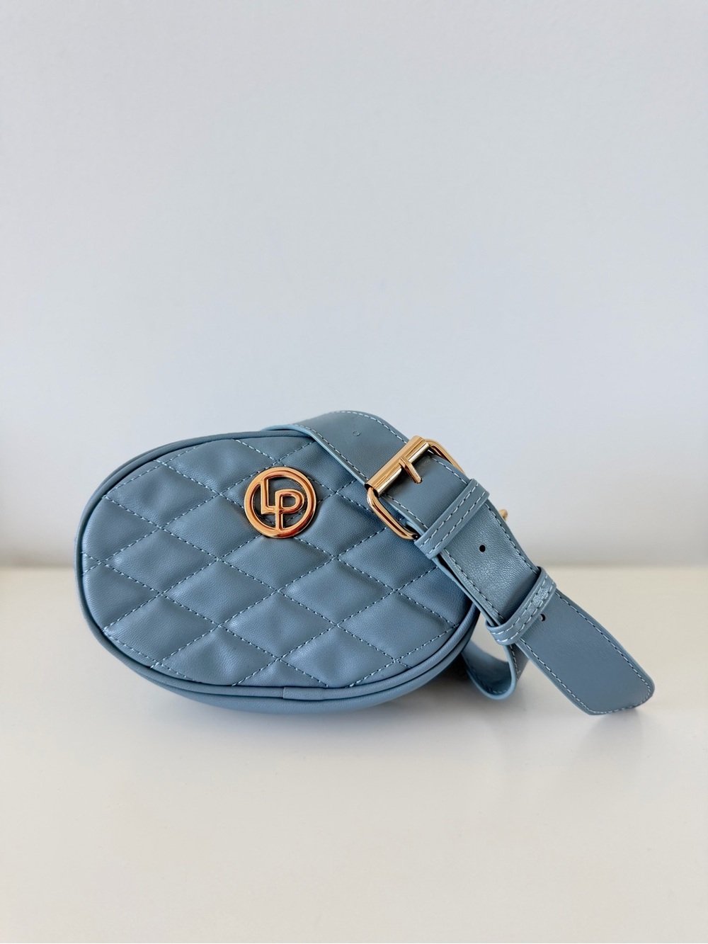 Lino Perros Blue Quilted Belt Bag Gold Hardware Vegan Leather Waist Bag